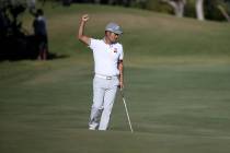 Kevin Na celebrates a birdie on the 18th hole during second round of Shriners Hospitals for Chi ...