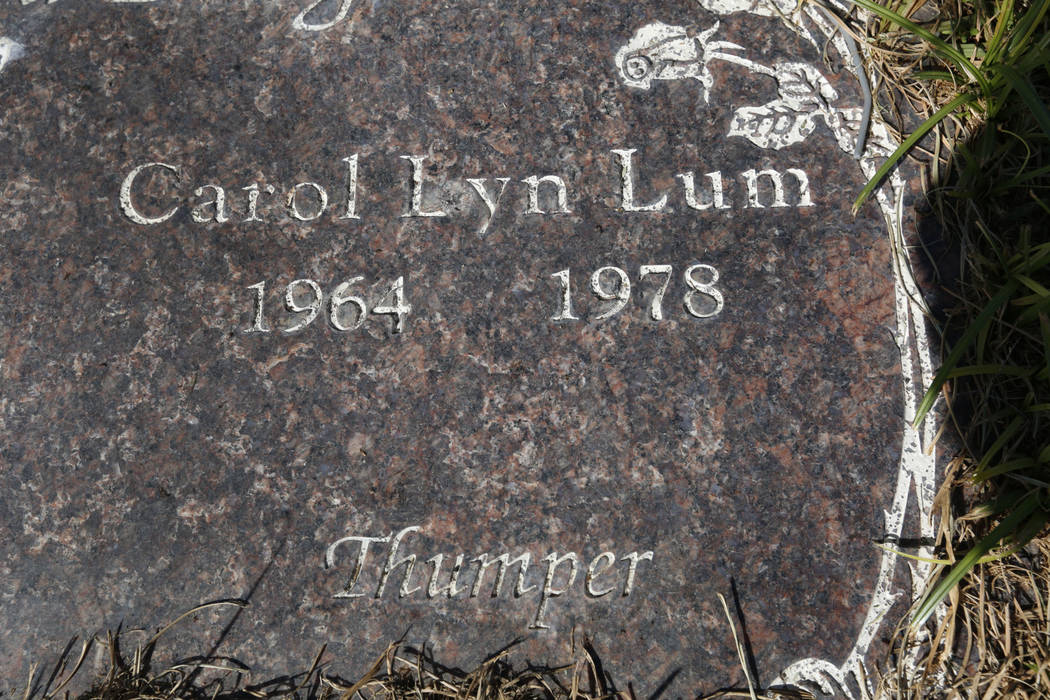 The headstone of Carol Lyn Lum, a 14-year-old girl who was killed in 1978, and her mother, Mona ...
