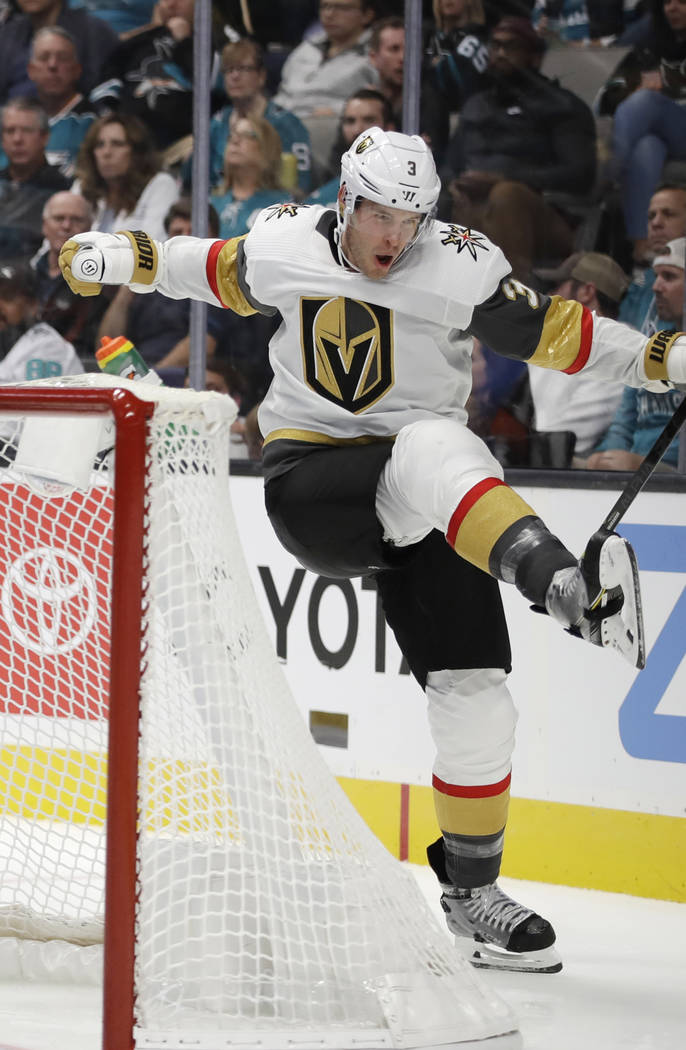 Vegas Golden Knights' Brayden McNabb celebrates his goal against the San Jose Sharks during the ...