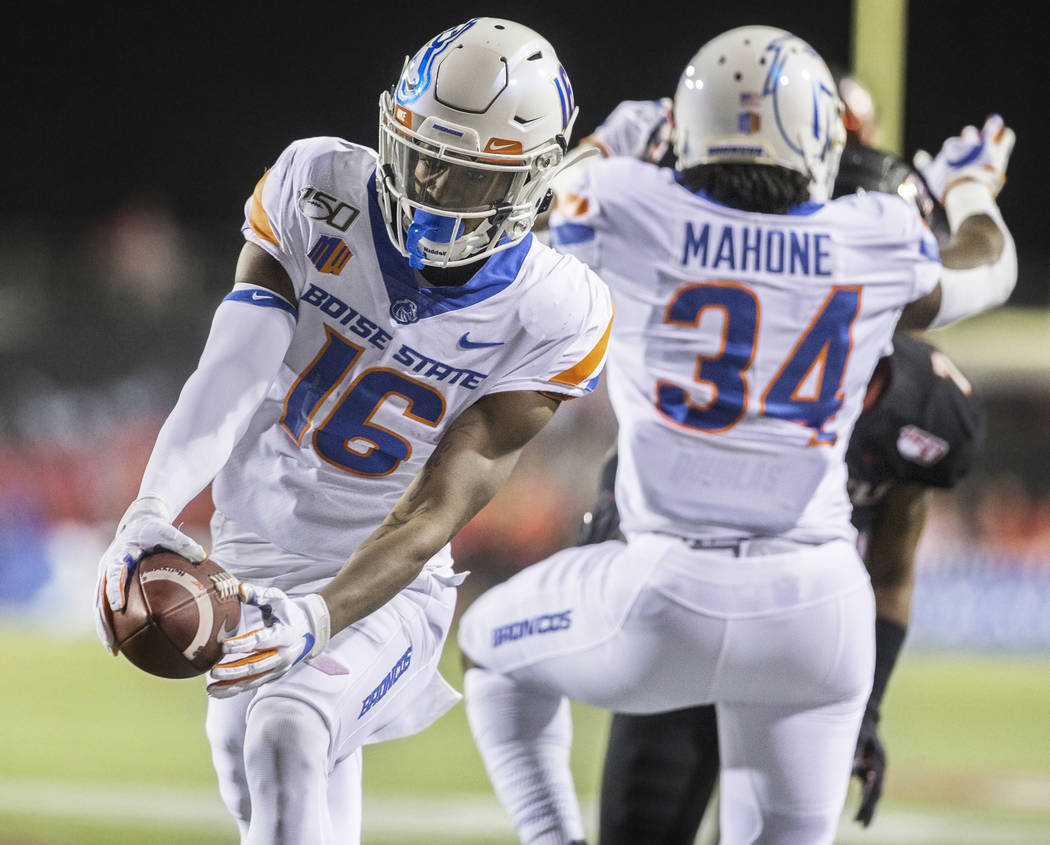 Boise State Broncos wide receiver John Hightower (16) streaks down the sideline for a big run w ...
