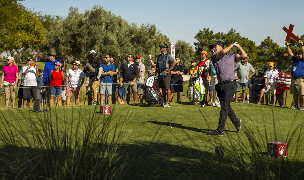 Patrick Cantlay tees off in front of the gallery on hole 9 during the third round of Shriners H ...