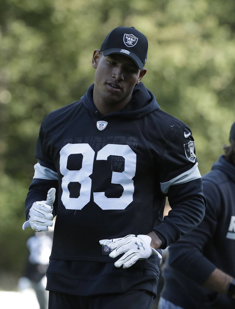 Oakland Raiders' tight end Darren Waller takes part in an NFL training session at the Grove Hot ...