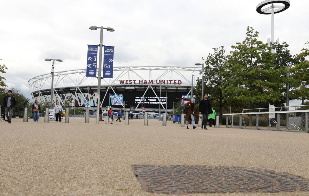 Outside view of London Stadium before the start of an English Premier League soccer match betwe ...