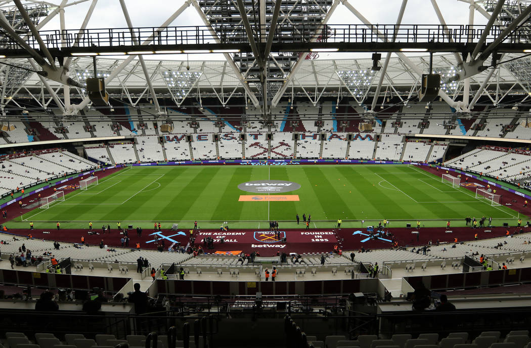 An overview of London Stadium before the start of an English Premier League soccer match betwee ...