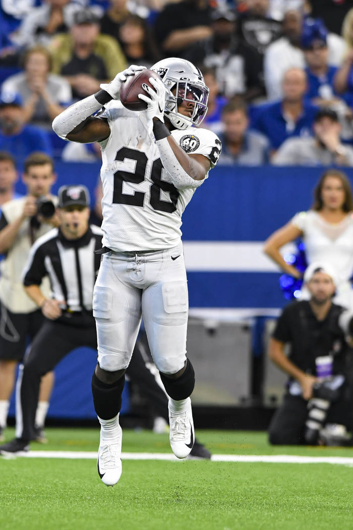 Oakland Raiders running back Josh Jacobs (28) during the second half of an NFL football game ag ...
