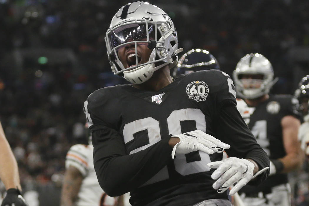 Oakland Raiders running back Josh Jacobs (28) celebrates after scoring a touchdown during the f ...