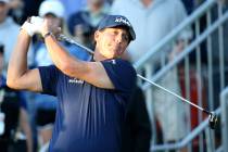 Phil Mickelson hits on the 10th tee during Shriners Hospitals for Children Open at TPC Summerli ...