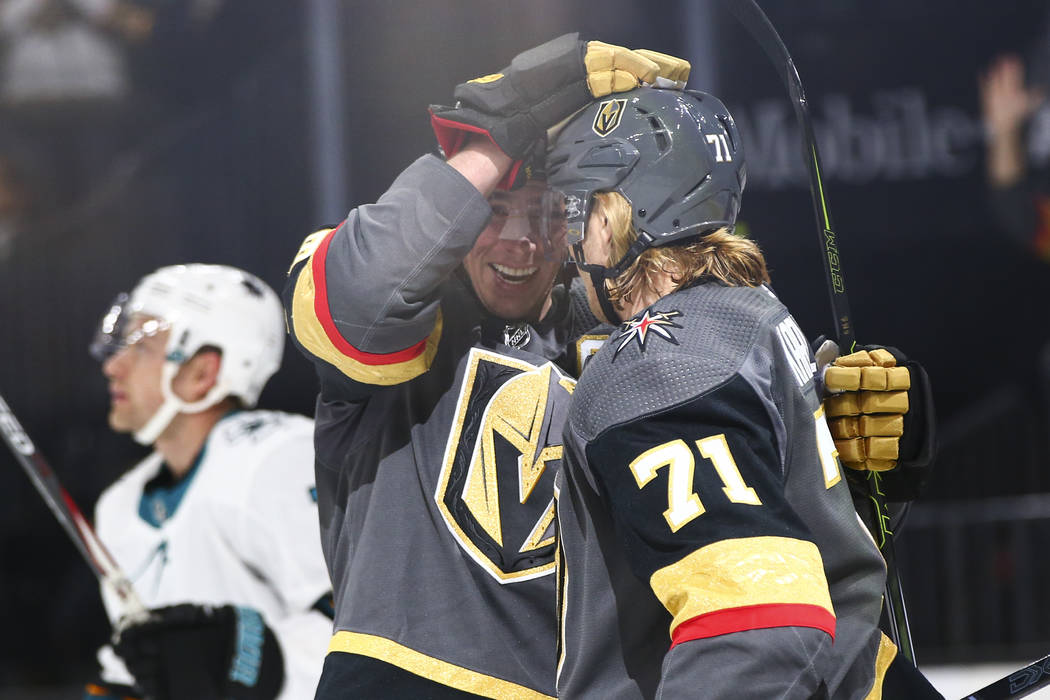 Golden Knights' Reilly Smith, left, and William Karlsson (71) celebrate a shorthanded goal agai ...