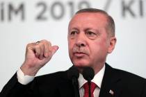 Turkey's President Recep Tayyip Erdogan, talks to to supporters during an event in Ankara, Turk ...