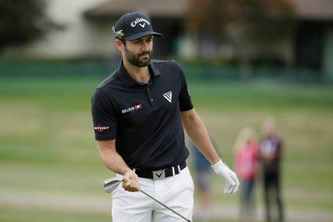 Adam Hadwin, of Canada, follows his hit onto the first green of the Silverado Resort North Cour ...