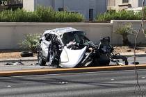 Police investigate a fatal crash near West Cheyenne Avenue and Buffalo Drive in Las Vegas, Sept ...