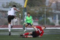 Las Vegas' Sergio Aguayo (18) takes a shot against Coronado's Josue Ruiz during the Southern Ne ...