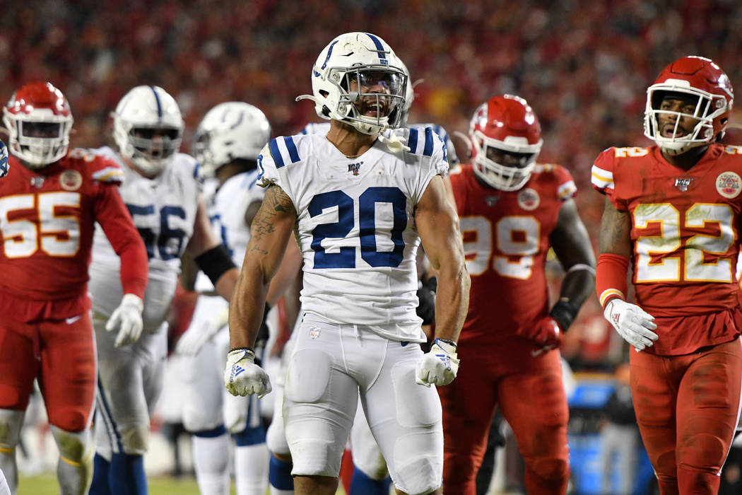 Indianapolis Colts running back Jordan Wilkins (20) celebrates a play against the Kansas City C ...