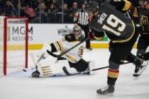 Vegas Golden Knights right wing Reilly Smith (19) scores against Boston Bruins goaltender Jaros ...