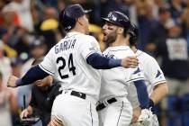 Tampa Bay Rays' Kevin Kiermaier, right, celebrates his 3-run home run in the second inning agai ...