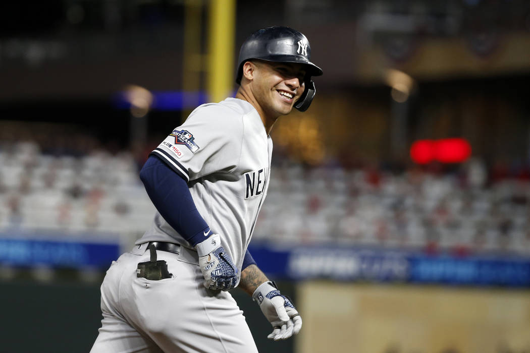 New York Yankees' Gleyber Torres celebrates as he runs the bases after hitting a home run durin ...
