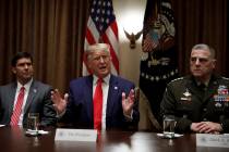 President Donald Trump, joined by from left, Defense Secretary Mark Esper, and Chairman of the ...