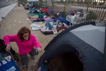 Jody Mathews, who is homeless, feeds her two dogs next to her tent where she stays along Las Ve ...