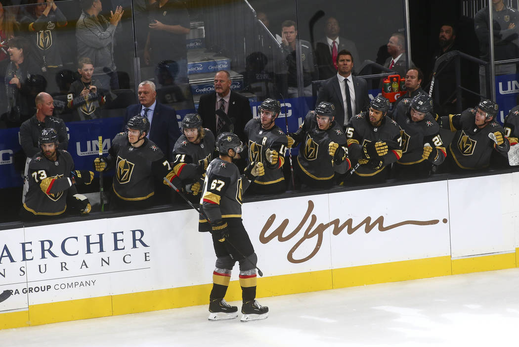 Golden Knights' Max Pacioretty (67) celebrates his goal during the third period of an NHL hocke ...