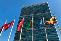 FILE - In this Sept. 28, 2019 file photo, flags fly outside the United Nations headquarters dur ...