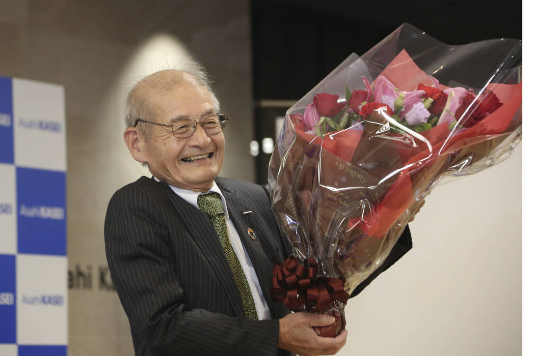 Winner of Nobel Prize of Chemistry Akira Yoshino smiles during a press conference in Tokyo, Wed ...