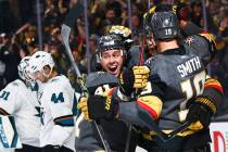 Golden Knights' Jonathan Marchessault, left, celebrates a goal by Reilly Smith (19) during the ...