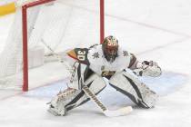 Vegas Golden Knights goalie Malcolm Subban plays against the Minnesota Wild in the first period ...
