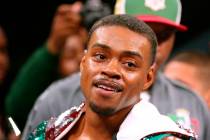 Errol Spence Jr. gestures for the TV cameras before an IBF World Welterweight Championship boxi ...