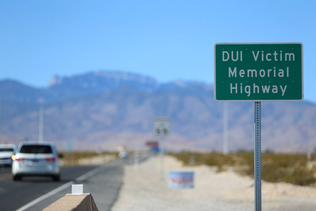 The newly installed DUI Victim Memorial Highway sign on Kyle Canyon Road near U.S. Highway 95 i ...