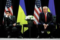 FILE - In this Wednesday, Sept. 25, 2019 file photo, President Donald Trump meets with Ukrainia ...
