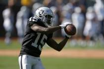 Oakland Raiders' J.J. Nelson prior to an NFL football game against the Los Angeles Rams Saturda ...