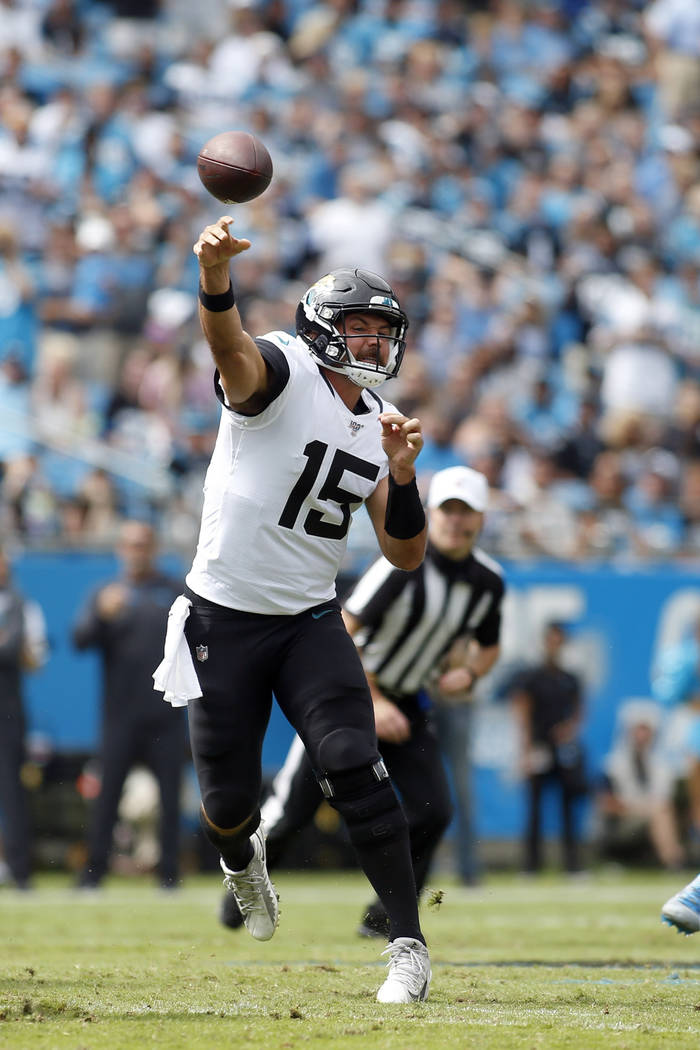 Jacksonville Jaguars quarterback Gardner Minshew (15) passes against the Carolina Panthers duri ...