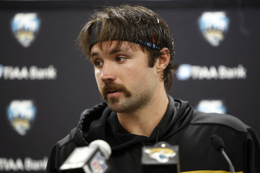 Jacksonville Jaguars quarterback Gardner Minshew speaks with the media following an NFL footbal ...