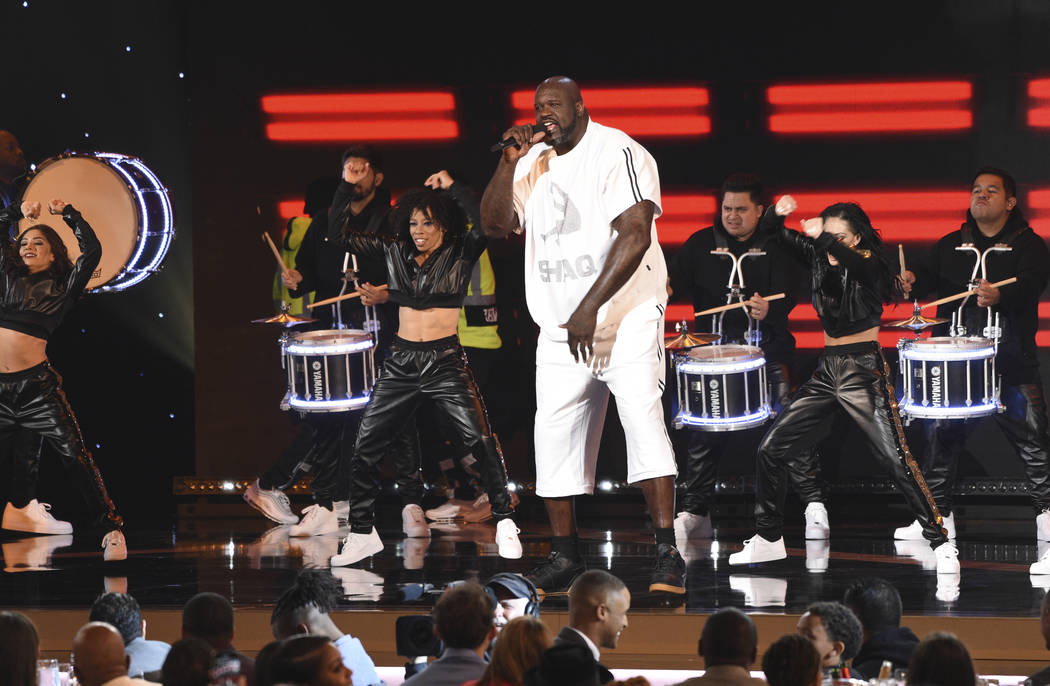 Host Shaquille O'Neal performs at the NBA Awards on Monday, June 24, 2019, at the Barker Hangar ...