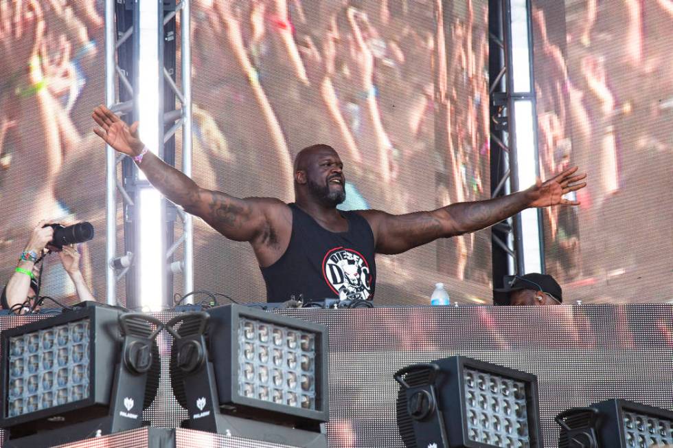 Shaquille O'Neal performs on day four of Lollapalooza in Grant Park on Sunday, Aug. 4, 2019, in ...
