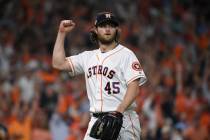 Houston Astros starting pitcher Gerrit Cole (45) reacts after an out against the Tampa Bay Rays ...