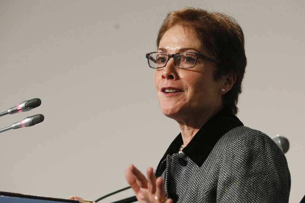 A Nov. 30, 2018, file photo, shows then-U.S. Ambassador to Ukraine, Marie L. Yovanovitch, speak ...