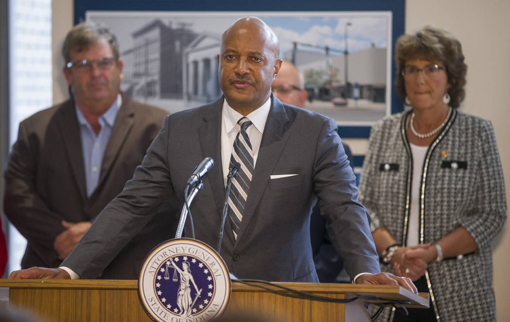 FILE - In this Oct. 3, 2019 file photo Indiana Attorney General Curtis Hill holds a news confer ...