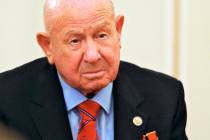 In a June 14, 2013, file photo, Russian cosmonaut Alexei Leonov, who made the first spacewalk i ...
