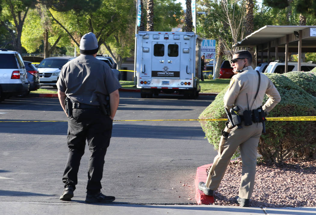 Las Vegas police investigate a shooting death at an apartment complex in the 4200 block of West ...