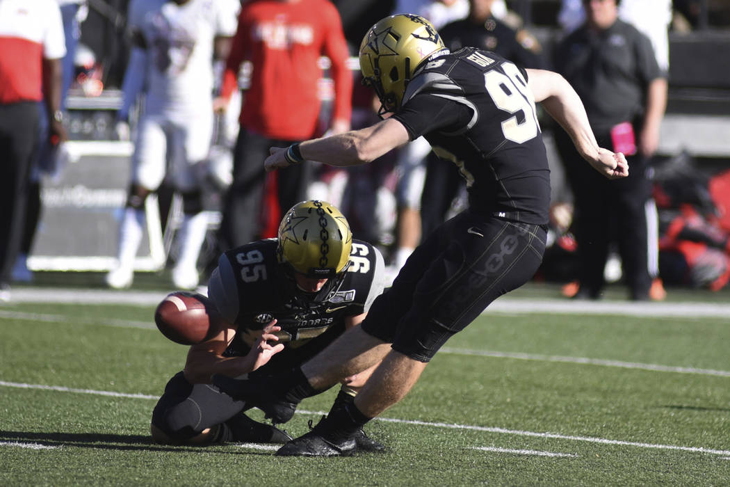 Vanderbilt kicker Ryley Guay makes a 48-yard field goal against UNLV in the first half of an NC ...