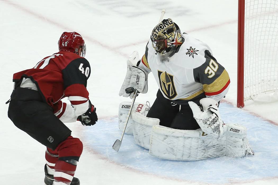 Arizona Coyotes right wing Michael Grabner (40) has his breakaway shot stopped by Vegas Golden ...