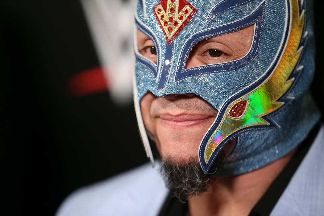 Rey Mysterio is interviewed during a World Wrestling Entertainment event at T-Mobile Arena in L ...