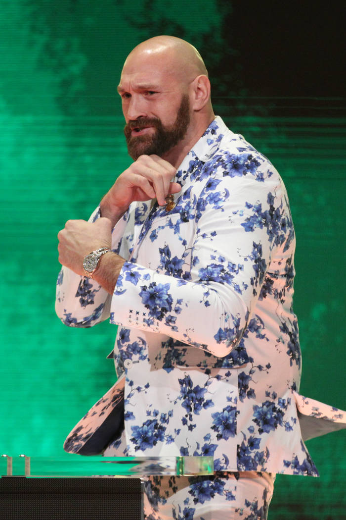 Tyson Fury poses during a World Wrestling Entertainment press conference at T-Mobile Arena in L ...