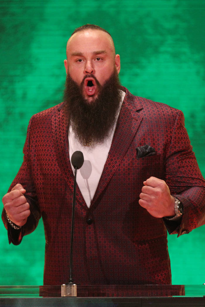 Braun Strowman speaks during a World Wrestling Entertainment press conference at T-Mobile Arena ...