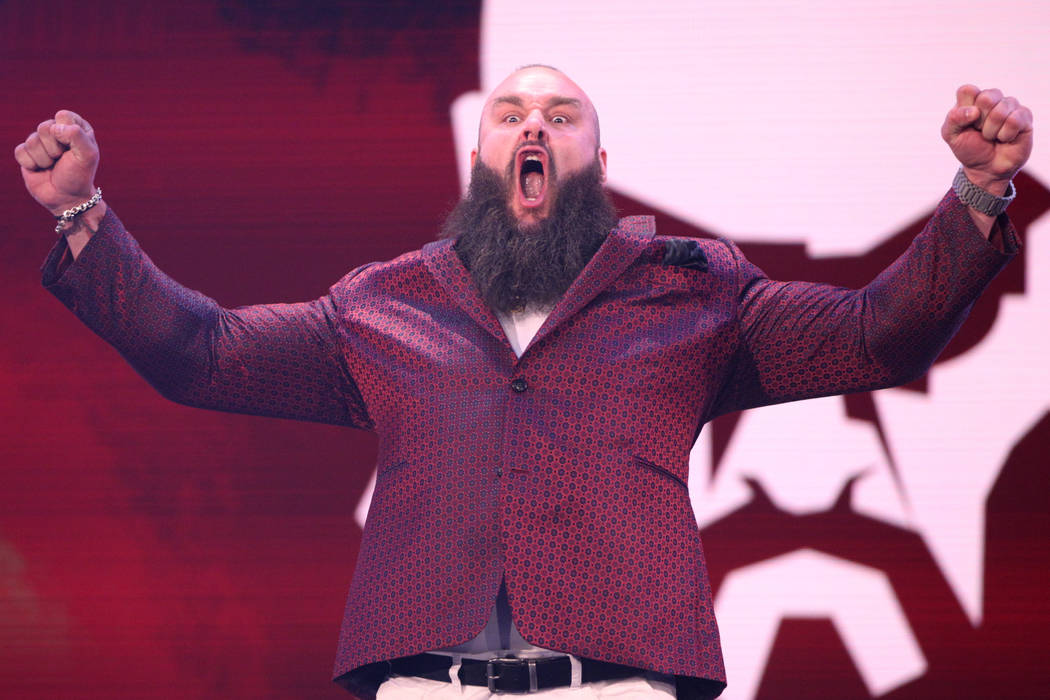 Braun Strowman poses during a World Wrestling Entertainment press conference at T-Mobile Arena ...