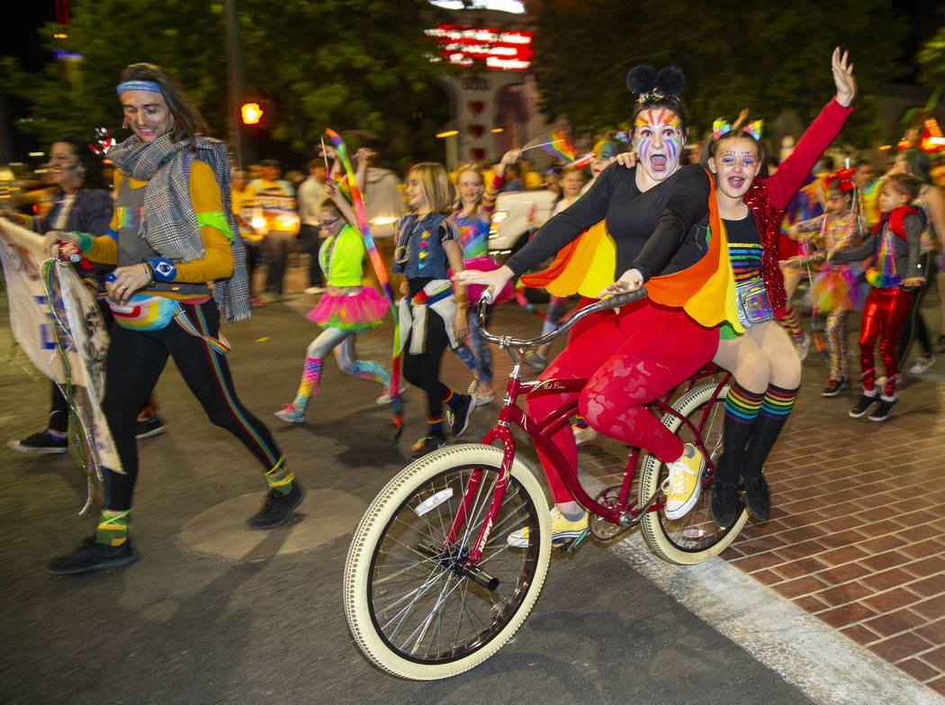 Tandem bicyclists riding in the Pride parade on Friday, Oct. 11, 2019 in Las Vegas. (L.E. Basko ...