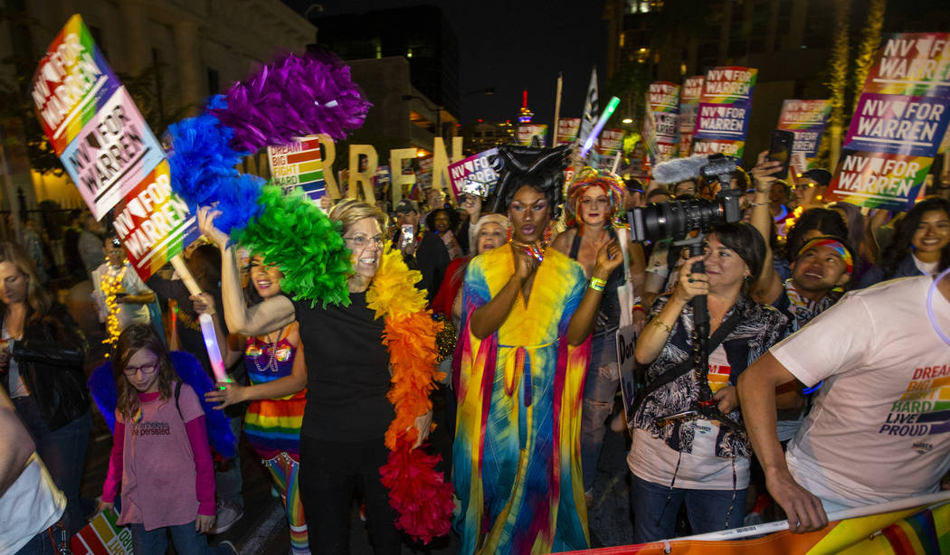 Democratic presidential candidate Sen. Elizabeth Warren, D-Mass., marching in the Pride parade ...