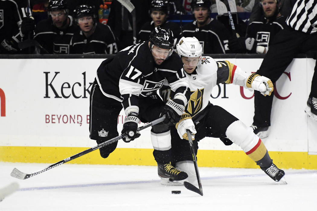 Los Angeles Kings left wing Ilya Kovalchuk (17) and Vegas Golden Knights center William Karlsso ...