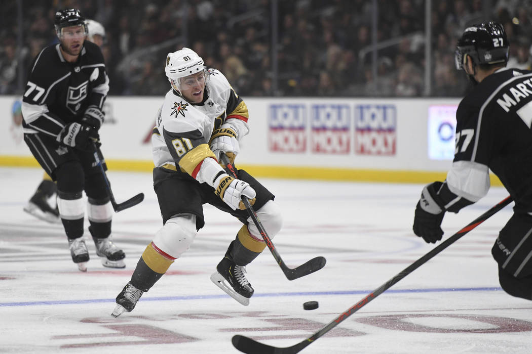 Vegas Golden Knights center Jonathan Marchessault (81) shoots against the Los Angeles Kings dur ...